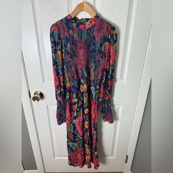 Farm Rio Macaw Bloom Floral Smocked Mock Neck Juliet Dress S - Picture 2 of 8